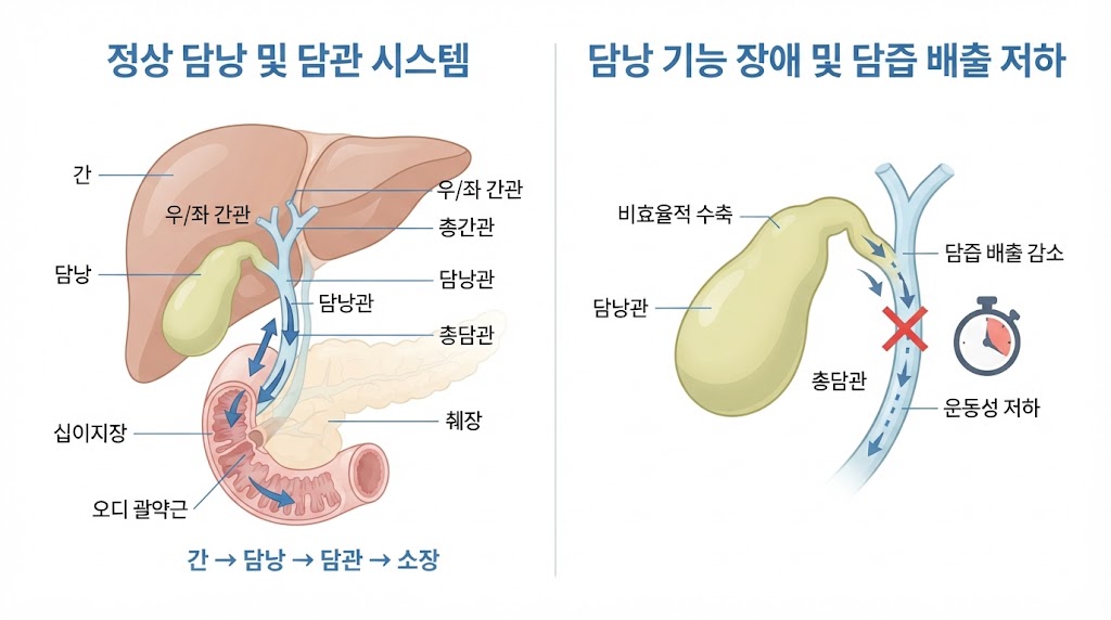 담낭 기능 저하증 — 담낭·담관 구조와 담즙 배출 경로 의학 일러스트