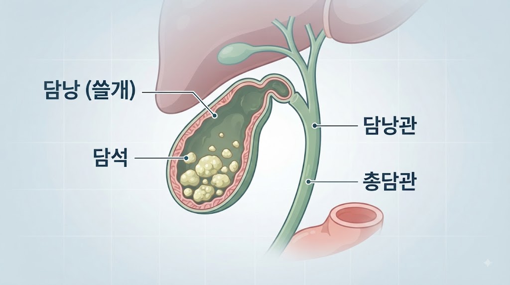 담낭 담석증 원인 — 담낭 해부학 구조와 담석 형성 위치 일러스트