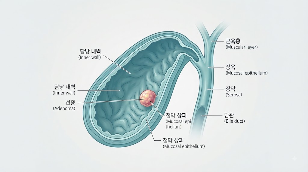 담낭 선종 위치 — 담낭 내벽 상피에 발생하는 양성 종양 구조 설명