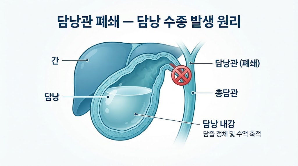  담낭 수종 원인 — 담낭관 폐쇄로 액체가 고이는 해부학적 구조 설명