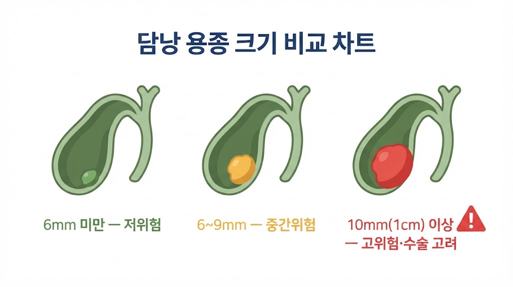 담낭 용종 크기별 위험 기준 — 6mm 미만·6~9mm·1cm 이상 단계 비교