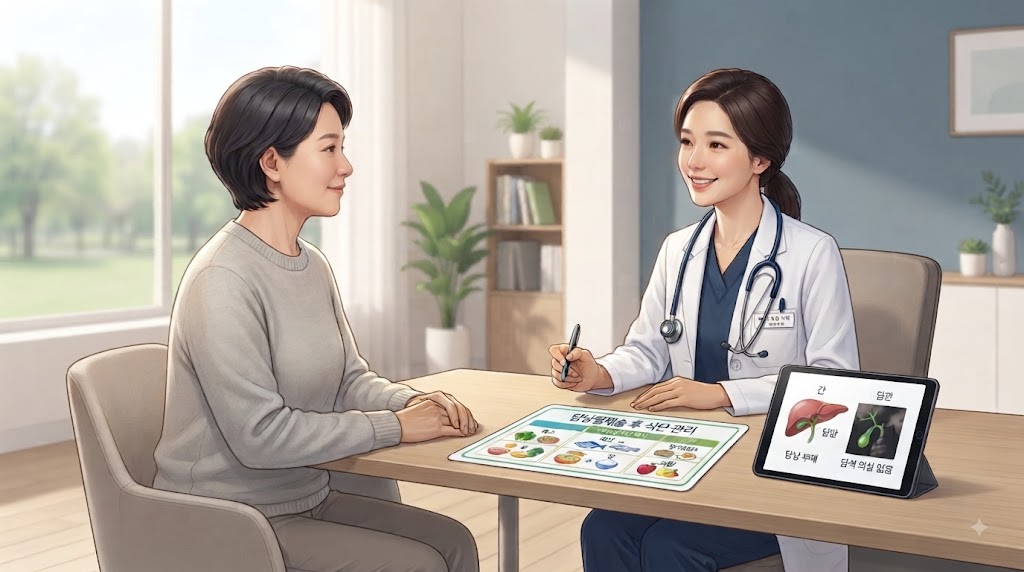 담낭절제술 후 증후군 치료법 — 저지방 식단과 소화기내과 진료 장면 의학 일러스트