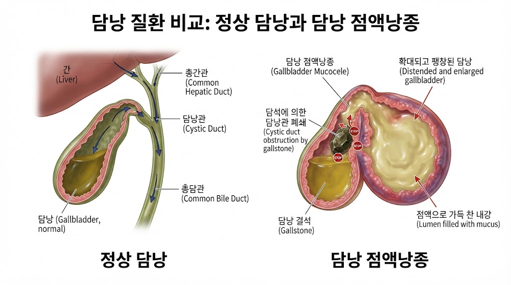 담낭 점액낭종 구조와 담낭관 폐색 원인 의학 일러스트