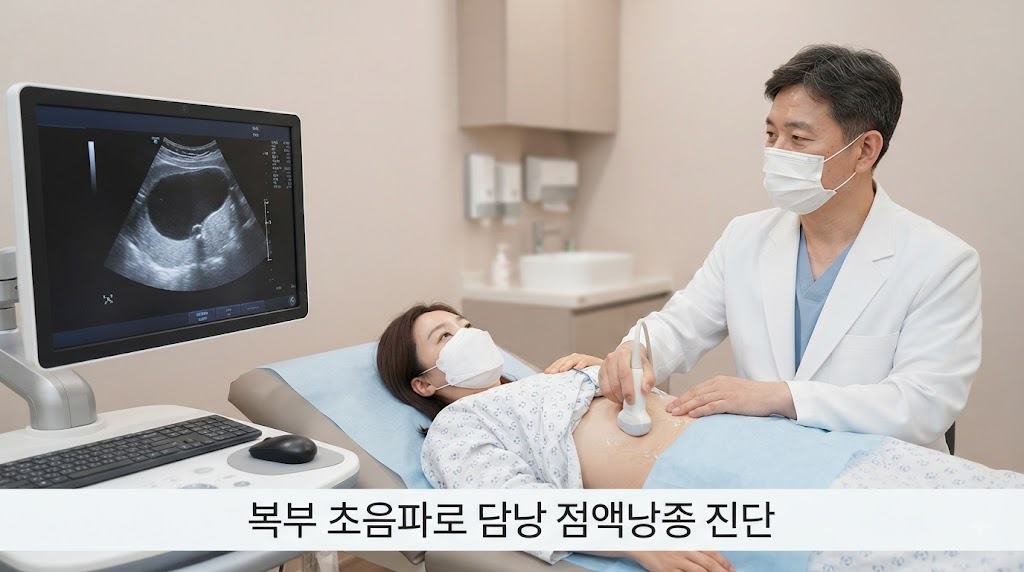 담낭 점액낭종 진단 복부 초음파 검사 장면