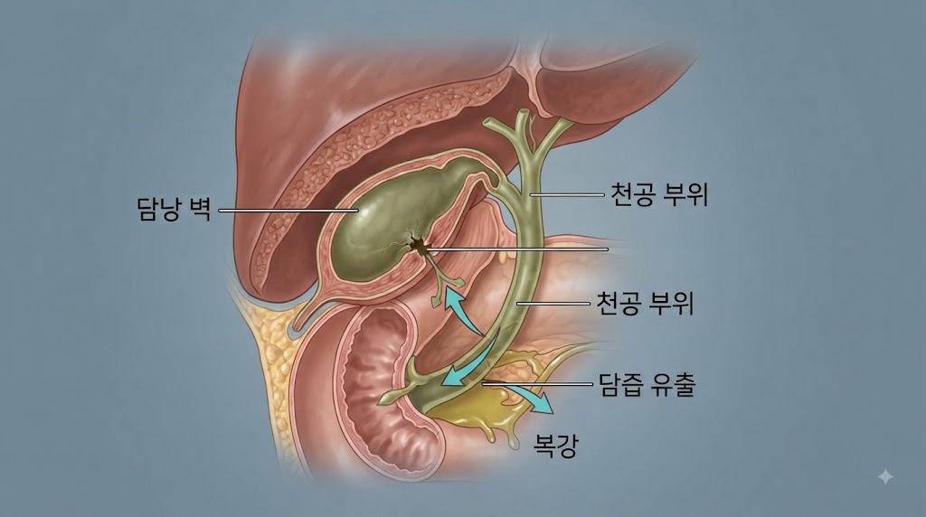  담낭 천공 해부학적 구조 — 담낭 벽 파열과 담즙 복강 유출 단면 일러스트