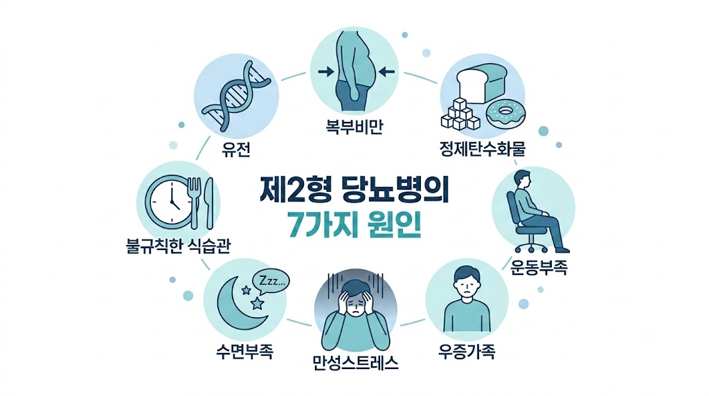 당뇨 원인 7가지 인포그래픽 – 유전·비만·식습관·스트레스 요인 정리