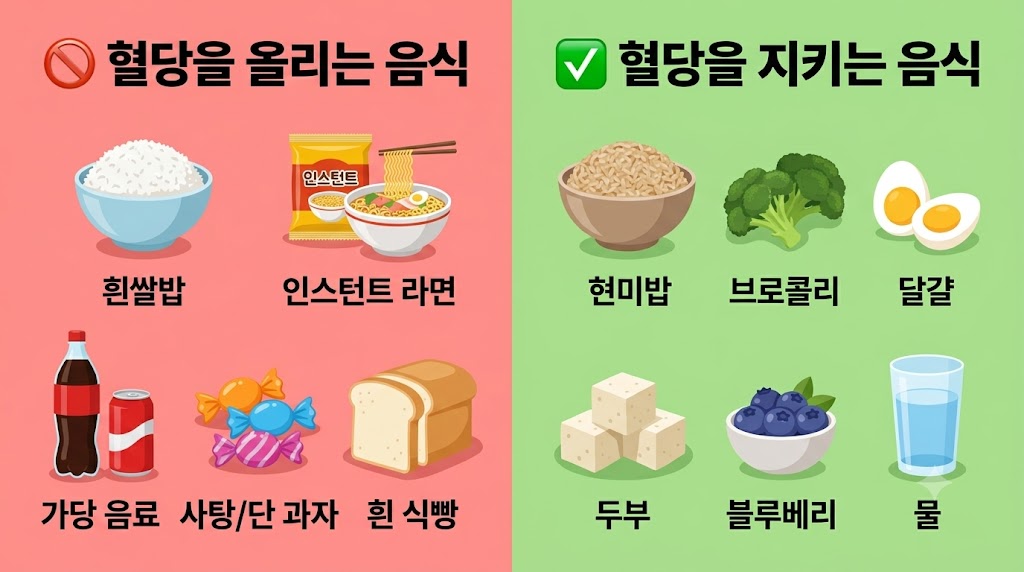 당뇨 원인 식품 비교 – 혈당 올리는 음식 vs 혈당 안정 음식 차트