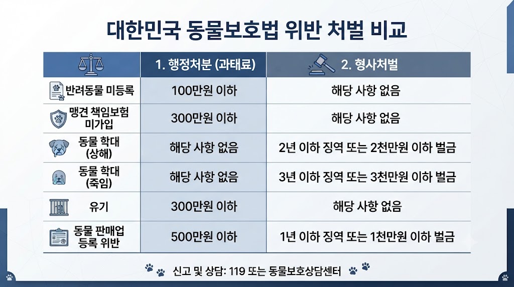 동물보호법 위반 처벌 기준 — 과태료 및 형사처벌 수위 비교