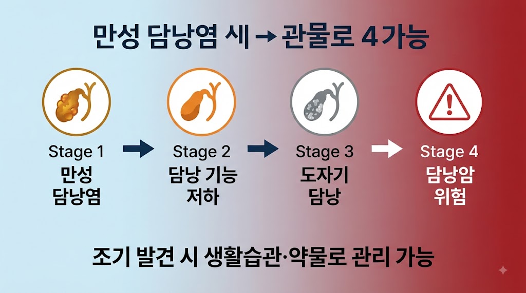 Alt Text: 만성 담낭염 방치 시 담낭암 진행 과정 단계별 인포그래픽