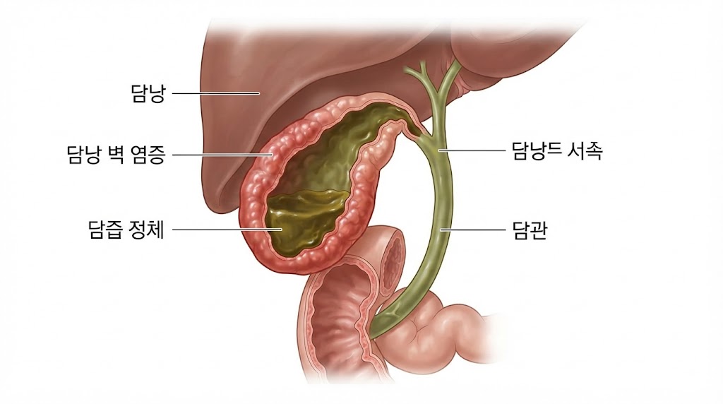 무결석담낭염 — 담낭 구조와 담즙 정체 메커니즘 의학 일러스트