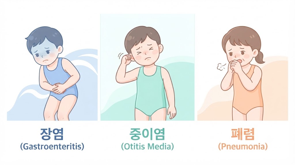 물놀이 후 고열 증상을 확인하는 부모와 아이