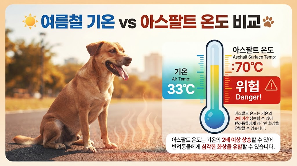 반려동물 열사병 위험 온도 기준 — 여름 아스팔트에서 헐떡이는 강아지