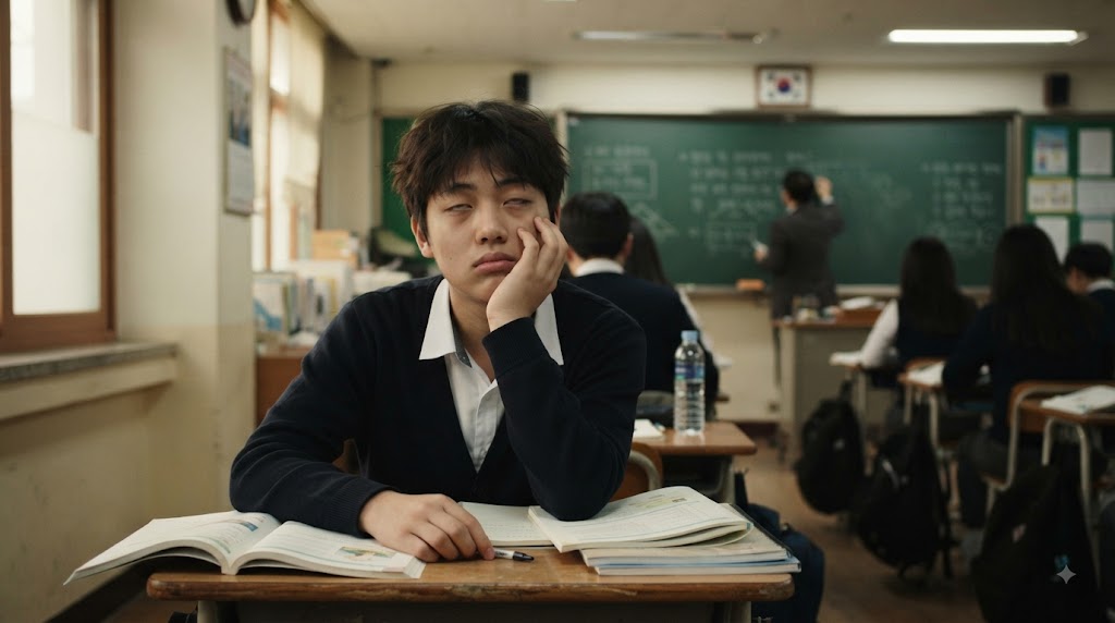 Alt Text: 불규칙 식습관으로 피곤해하는 청소년, 책상 앞 무기력한 표정