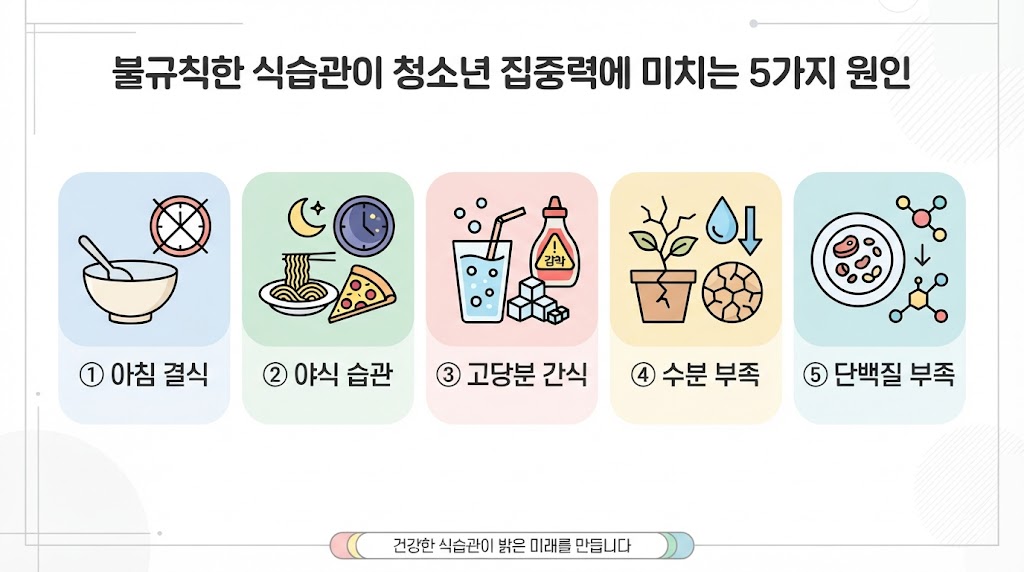 Alt Text: 불규칙 식습관 원인 도표 — 결식·야식·당분 과잉·수면 패턴·수분 부족