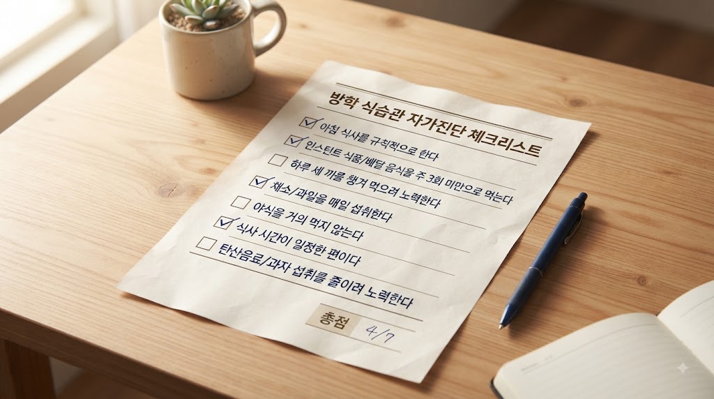 Alt Text: 불규칙 식습관 자가진단 체크리스트 — 청소년 개학 전 식단 점검표
