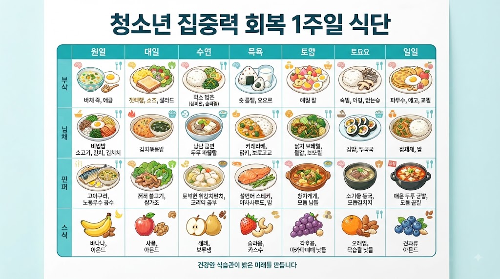 Alt Text: 불규칙 식습관 개선 식단표 — 청소년 개학 후 집중력 회복 한 주 식사 계획
