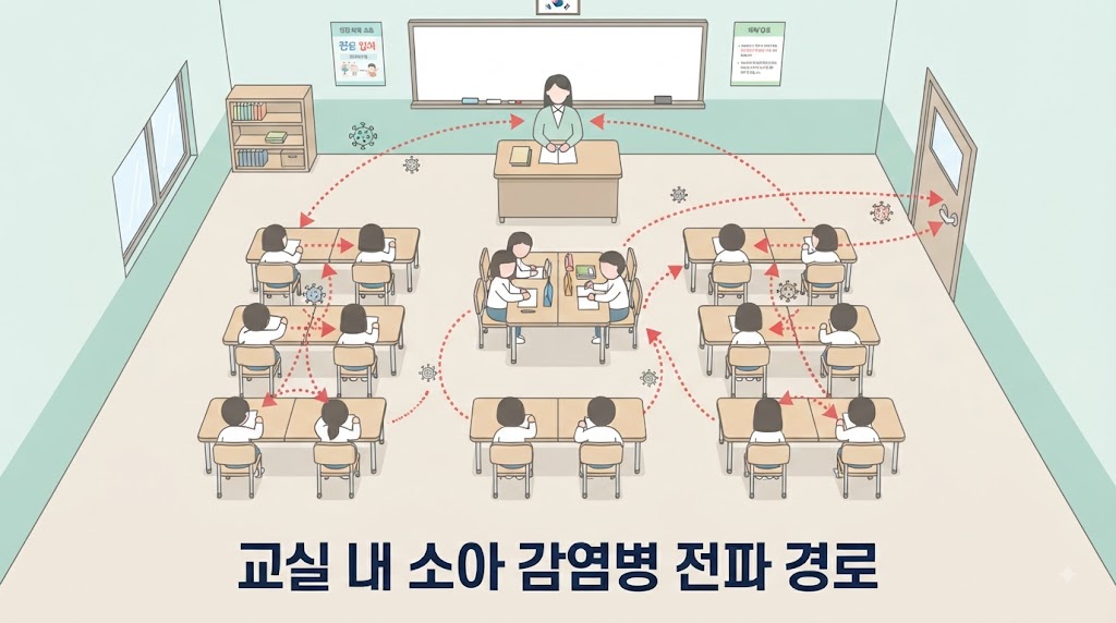 Alt Text: 소아 감염병 — 개학 후 교실 내 바이러스 전파 경로 인포그래픽