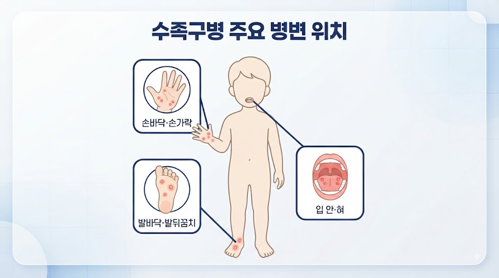 Alt Text: 소아 감염병 수족구병 — 손·발·입 병변 위치 설명 인포그래픽