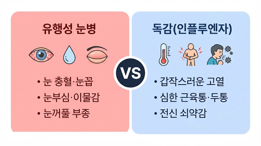 Alt Text: 소아 감염병 유행성 눈병과 독감 — 증상 비교 체크리스트 카드