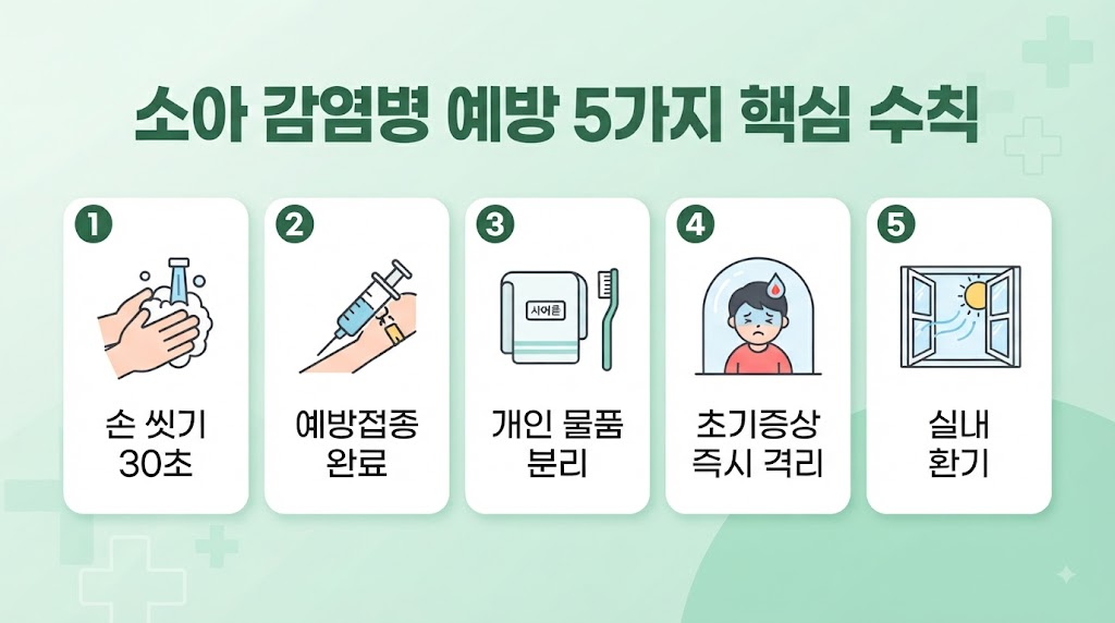 Alt Text: 소아 감염병 예방 — 손 씻기·마스크·예방접종 5가지 수칙 인포그래픽