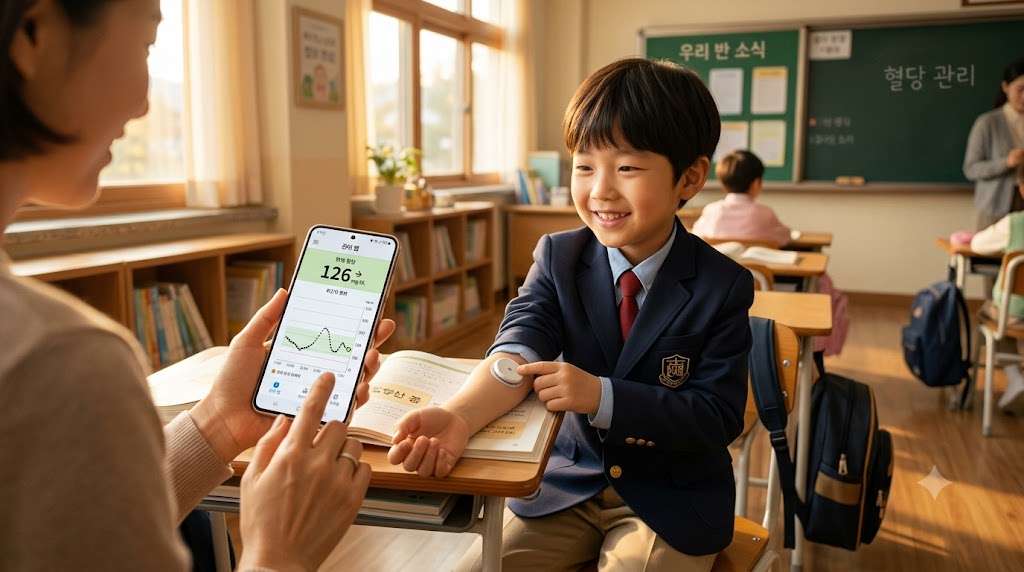 소아당뇨 지원금 연속혈당측정기 CGM 센서 부착 모습과 혈당 모니터링