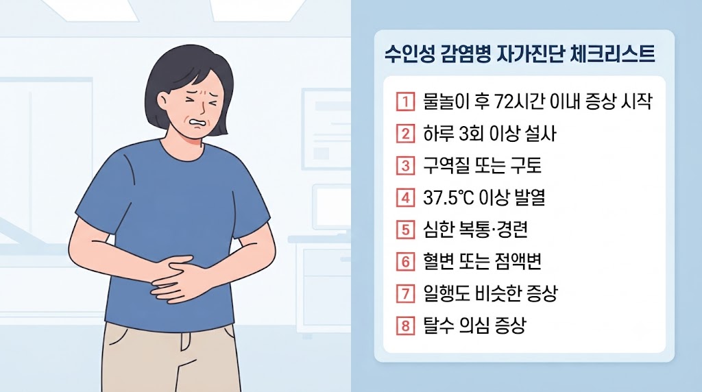 수인성 감염병 증상 자가진단 체크리스트 복통 설사