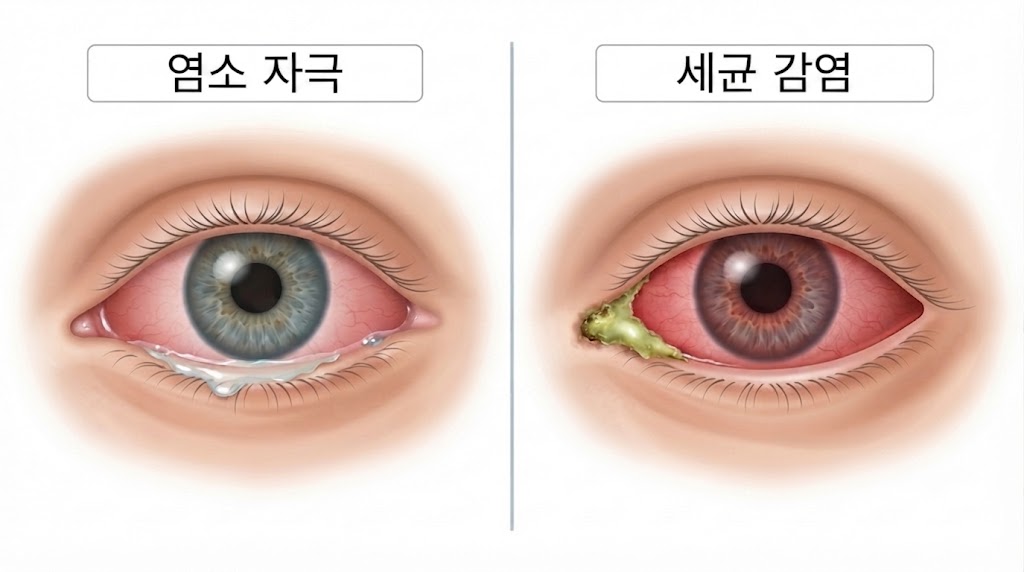 결막염 자가진단 — 염소성과 세균성 차이 비교