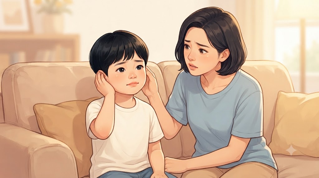 외이도염 초기증상으로 귀를 잡고 통증을 호소하는 아이 일러스트