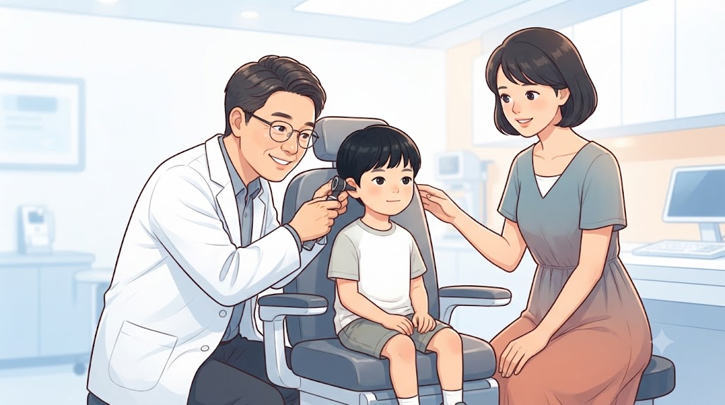 외이도염 치료를 위해 이비인후과에서 진찰받는 아이 일러스트