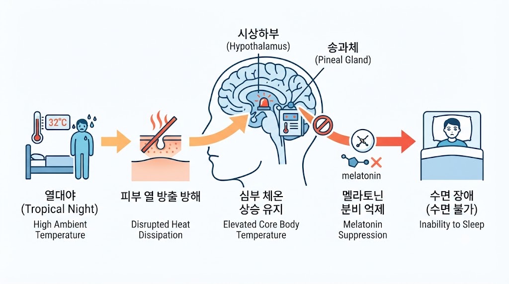 열대야 수면장애 원인 – 체온 조절과 멜라토닌 분비 관계 의학 설명 이미지