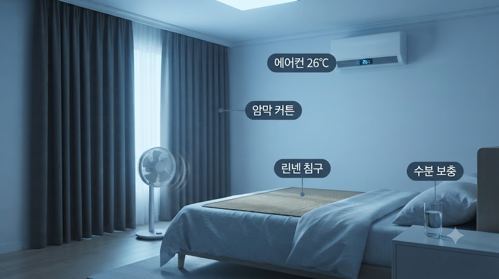 열대야 수면장애 극복 – 침실 온도·습도·조명 환경 세팅 방법 이미지