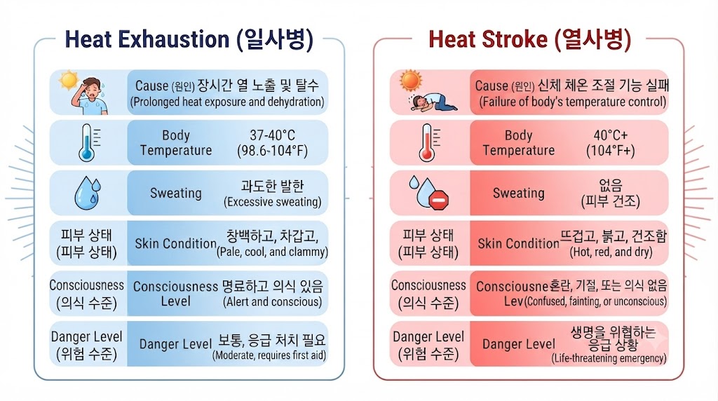 열사병 vs 일사병 차이 비교표 – 원인·증상·응급처치