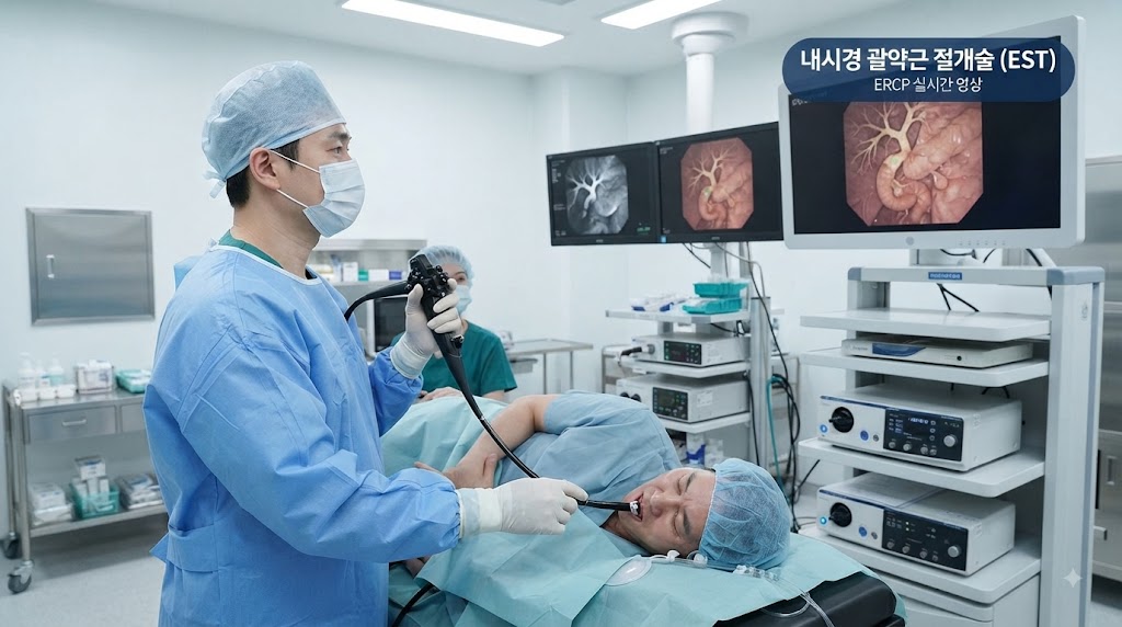  오디 괄약근 기능 장애 치료 — 내시경 괄약근 절개술(EST) 시술 장면