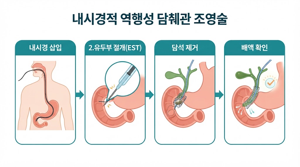 총담관 담석증 ERCP 내시경 시술 과정 단계별 설명 다이어그램