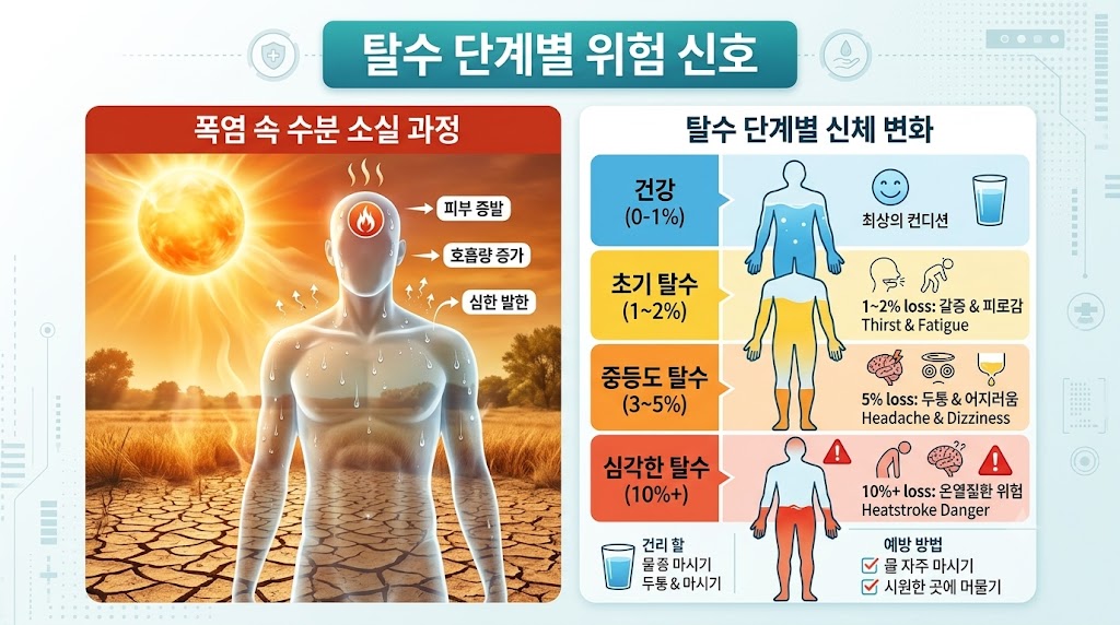 탈수예방 – 폭염 여름철 체내 수분 손실 메커니즘 설명 인포그래픽