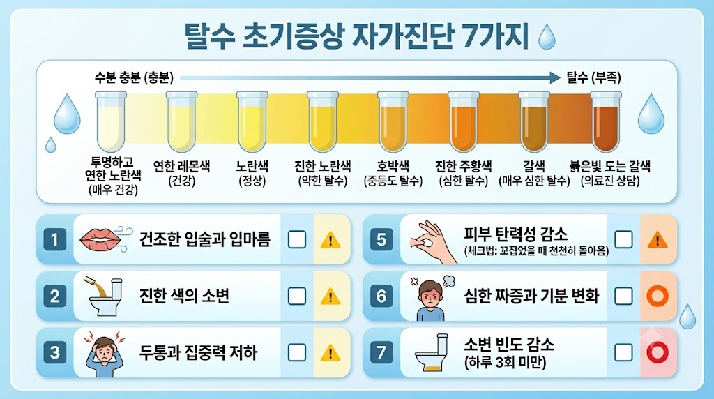 탈수 초기증상 자가진단 7가지 체크리스트 – 소변 색상으로 확인하는 수분 상태