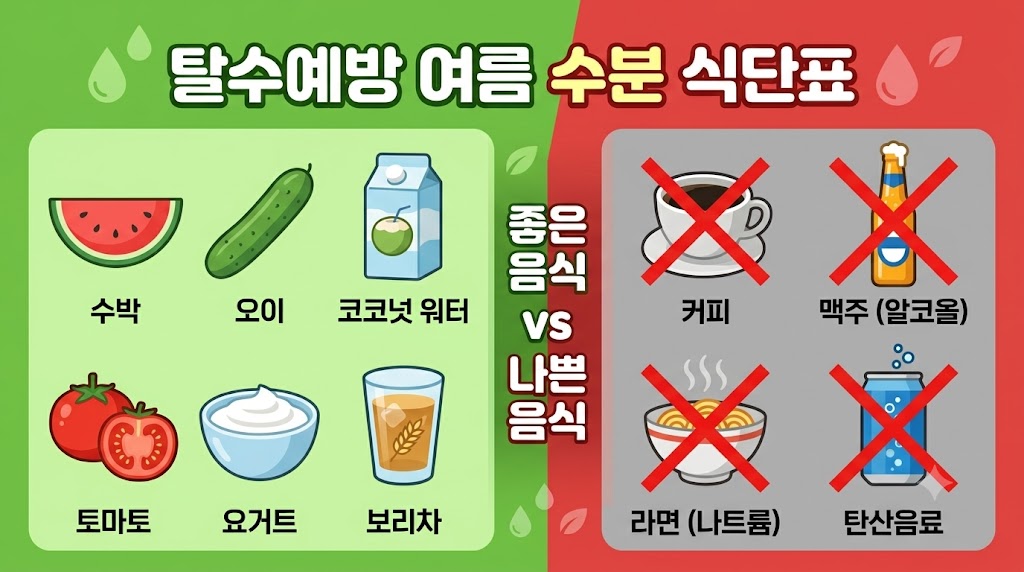 탈수예방 좋은 음식 vs 나쁜 음식 여름 수분 식단표 비교