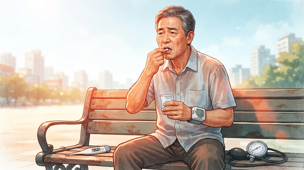혈압약 당뇨약 부작용 – 폭염 속 탈수와 약효 변화 위험 설명 이미지