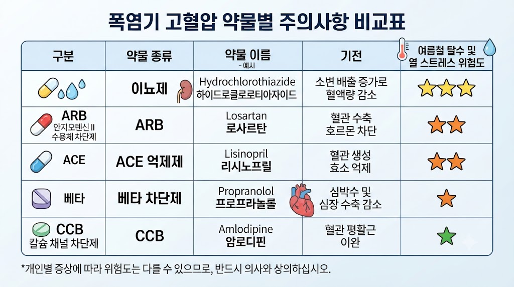 혈압약 당뇨약 부작용 – 이뇨제·ARB·CCB 폭염 시 탈수 위험 비교 인포그래픽