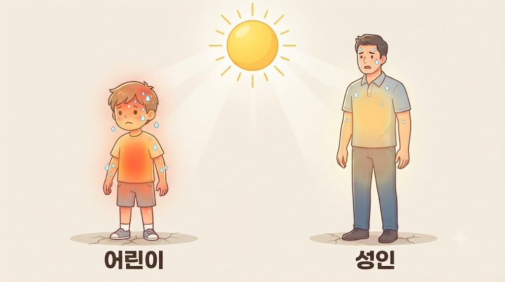 폭염 야외활동 중인 어린이, 어른과 체온 조절 차이 비교 이미지