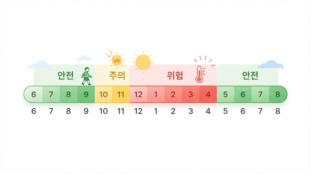 폭염 야외활동 시간대별 위험 기준표, 어린이 등하교 안전 시간 비교