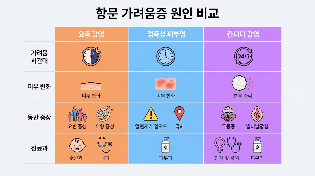 항문 가려움증 원인 비교 — 요충 감염·접촉성 피부염·칸디다 구별법