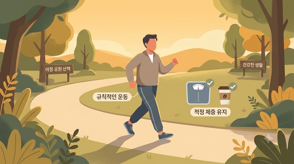 담석 예방을 위한 규칙적인 유산소 운동과 체중 관리 장면