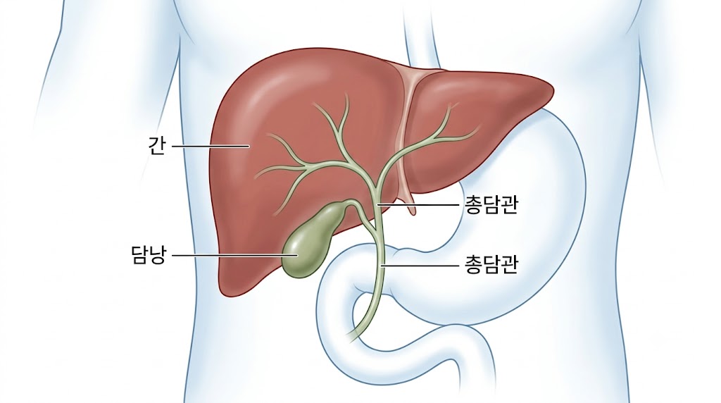 담낭 위치와 간·담도 연결 구조를 보여주는 해부학 일러스트