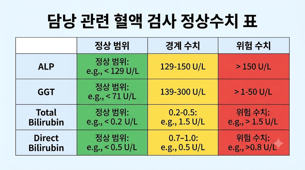  혈액 검사 담낭 이상 — ALP·GGT·빌리루빈 정상수치 표와 위험 기준 한눈에 비교