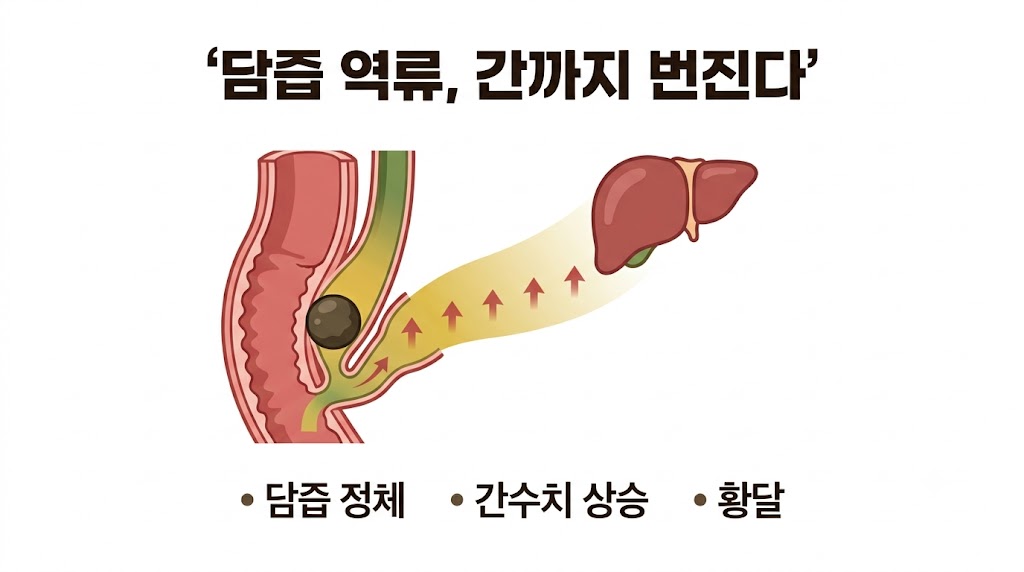 총담관 담석으로 인한 담즙 정체와 간 내 담즙 역류 인포그래픽