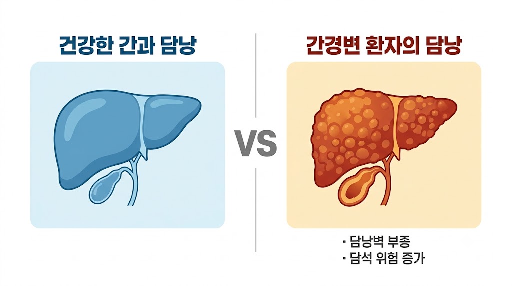 간경변 환자에서 나타나는 담낭벽 부종과 담석 위험 비교 일러스트