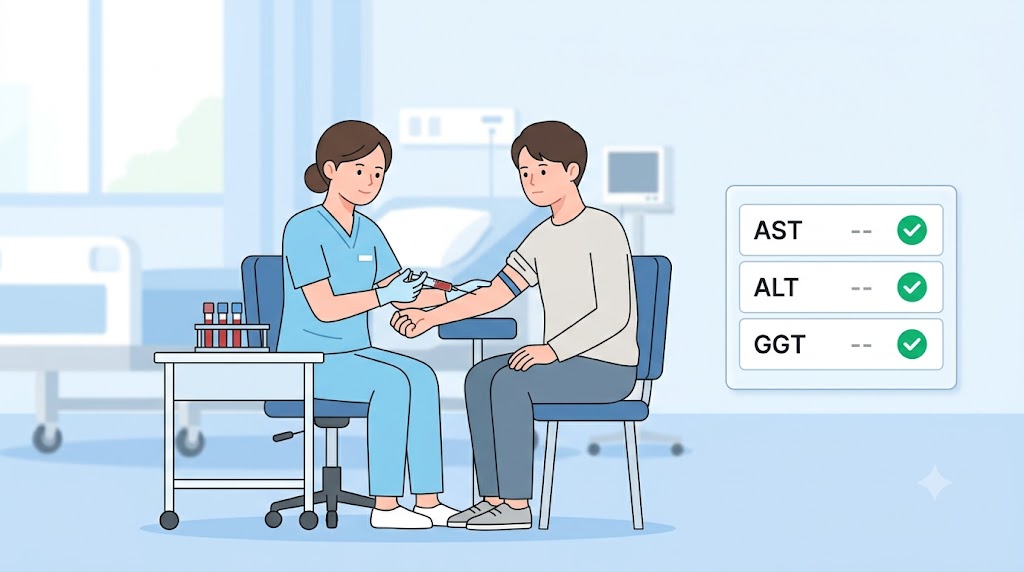 간 수치 검사를 위한 혈액 채혈 장면과 AST·ALT·GGT 검사 결과지 일러스트