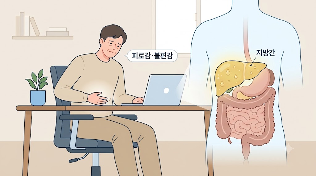 지방간 초기증상 — 피로감을 느끼는 성인과 간 해부 일러스트