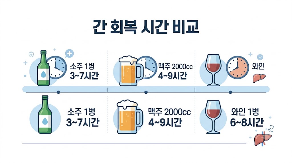 간 회복 시간과 술 종류별 알코올 분해 시간표 인포그래픽